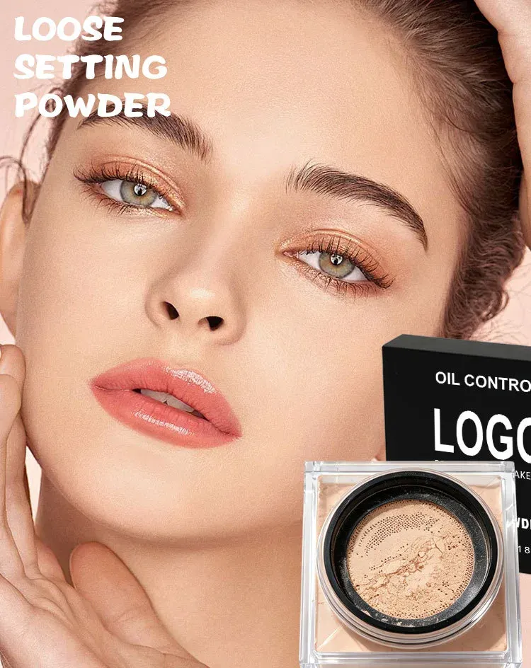 Model wearing loose setting powder look — oil control, 18g, private label