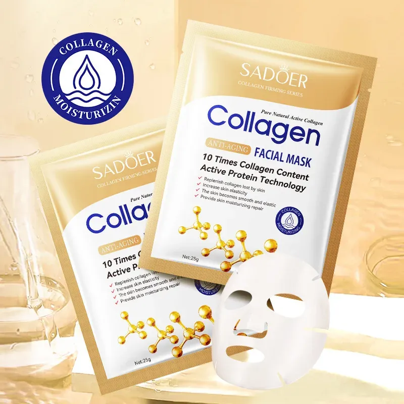 Collagen facial mask sachets with a white sheet mask and collagen moisturizing badge