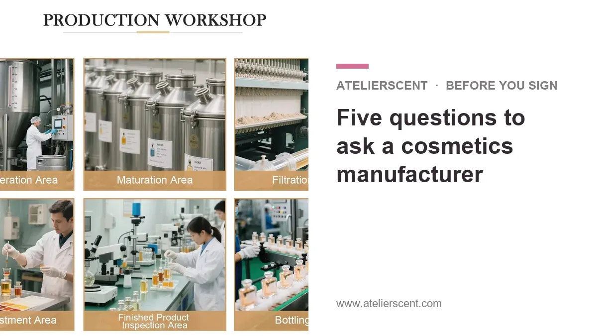 Atelierscent blog cover: five questions to ask a cosmetics manufacturer