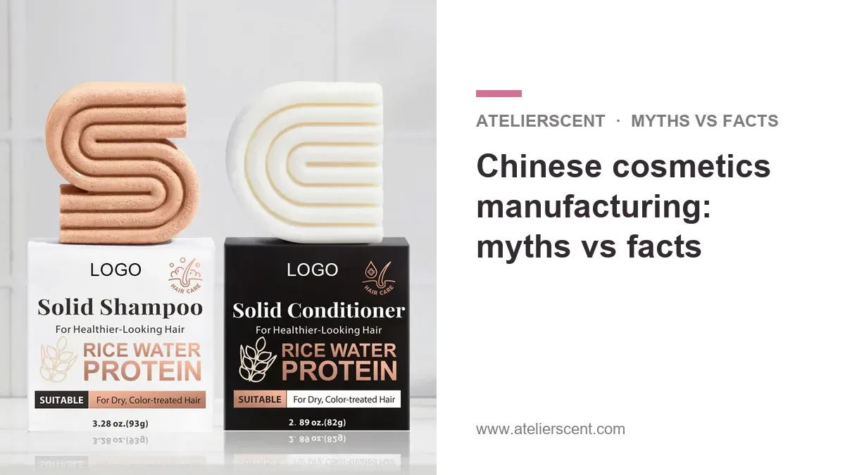 Atelierscent blog cover: Chinese cosmetics manufacturing myths vs facts