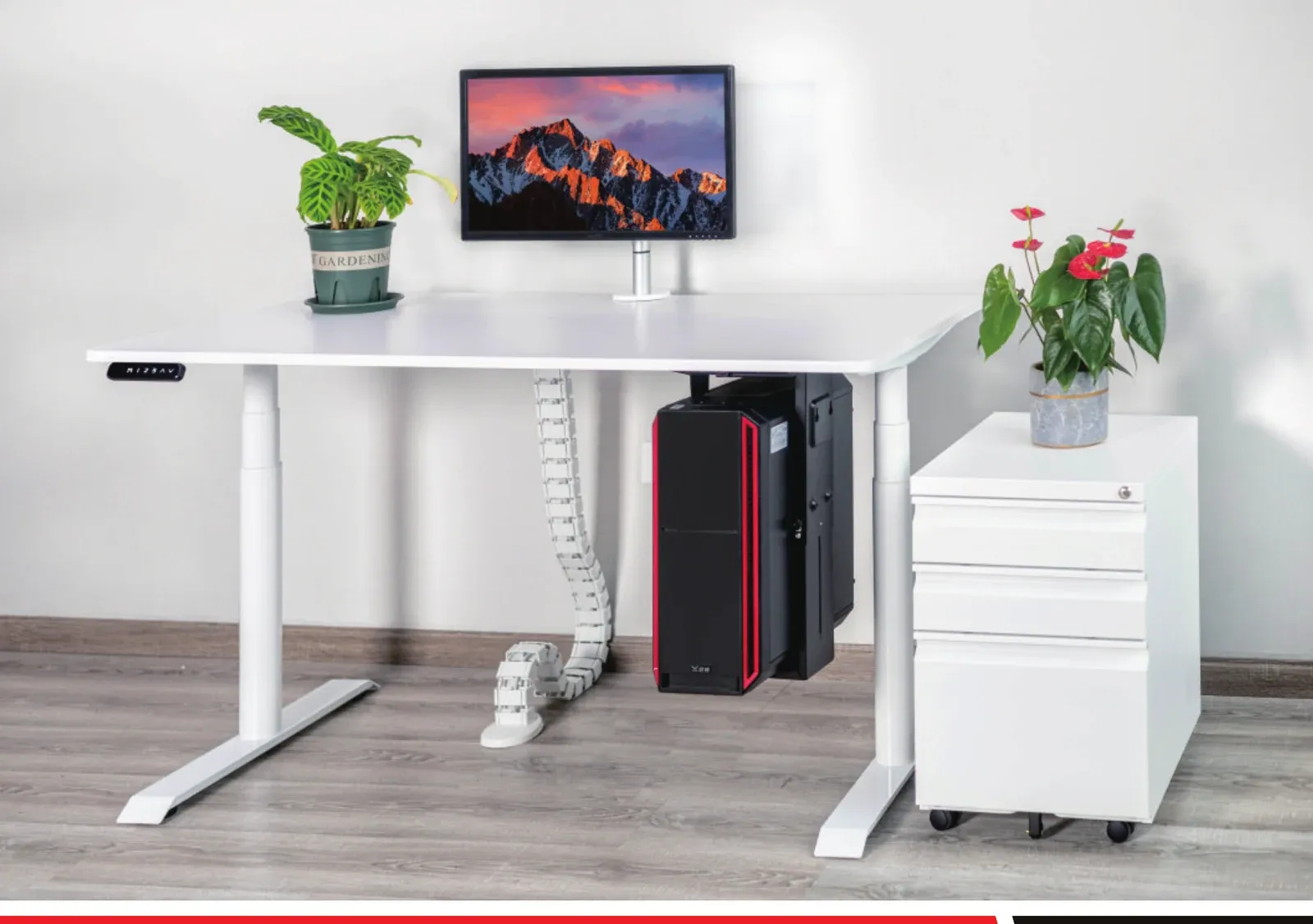 Height-adjustable office desk in a modern workspace