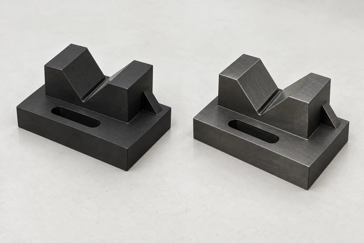 Black oxide appearance comparison on generic hardened tool steel fixture blocks