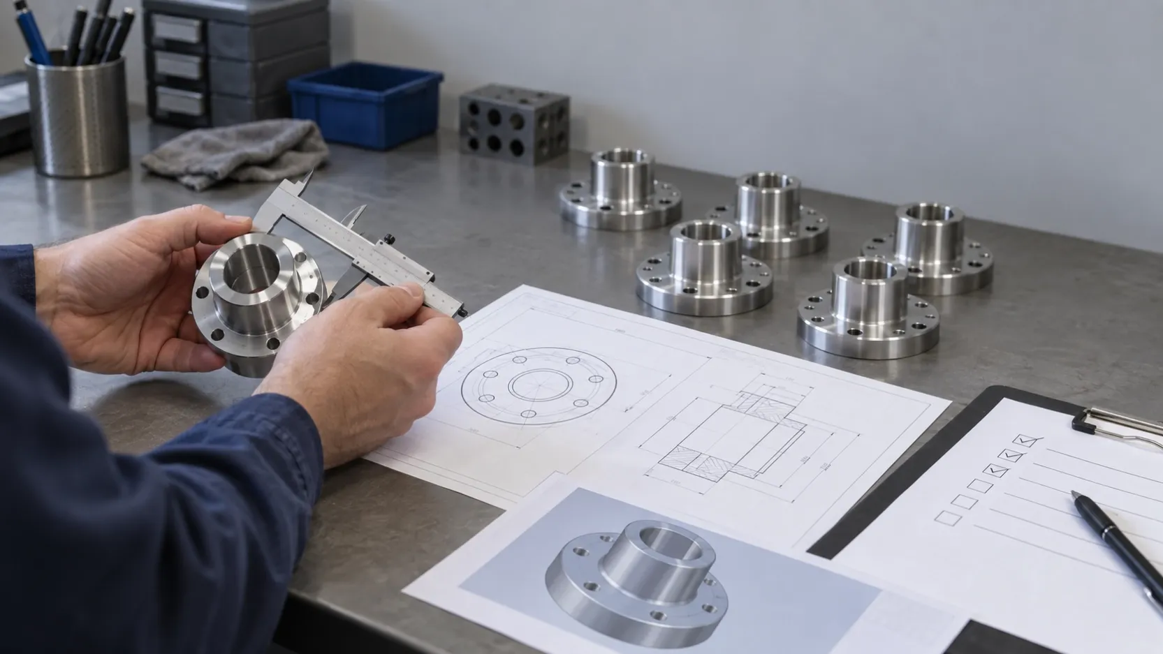 Engineer checking a CNC prototype against the released drawing before a repeat production batch