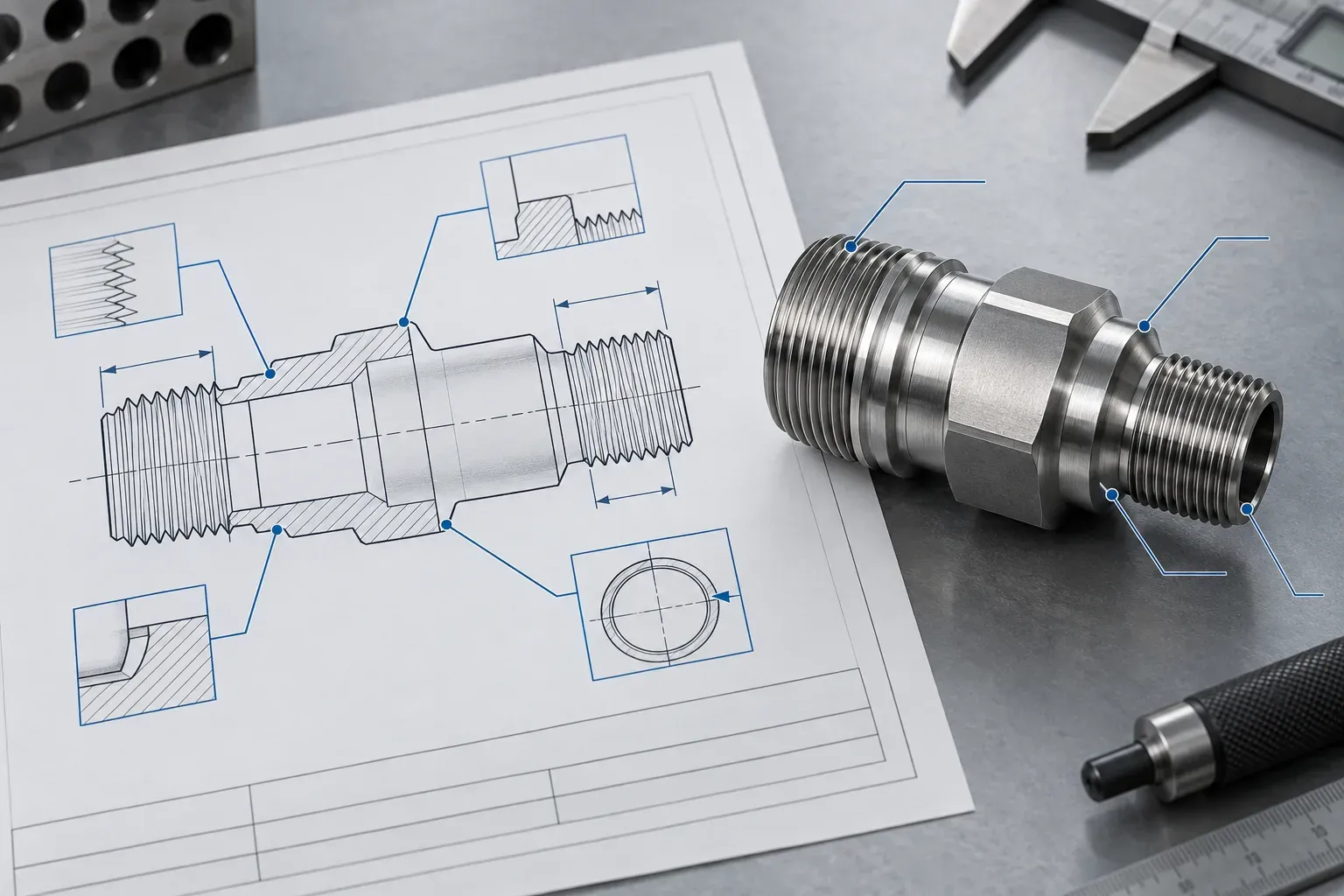 Custom CNC machined adapter beside an engineering drawing with thread interface callouts