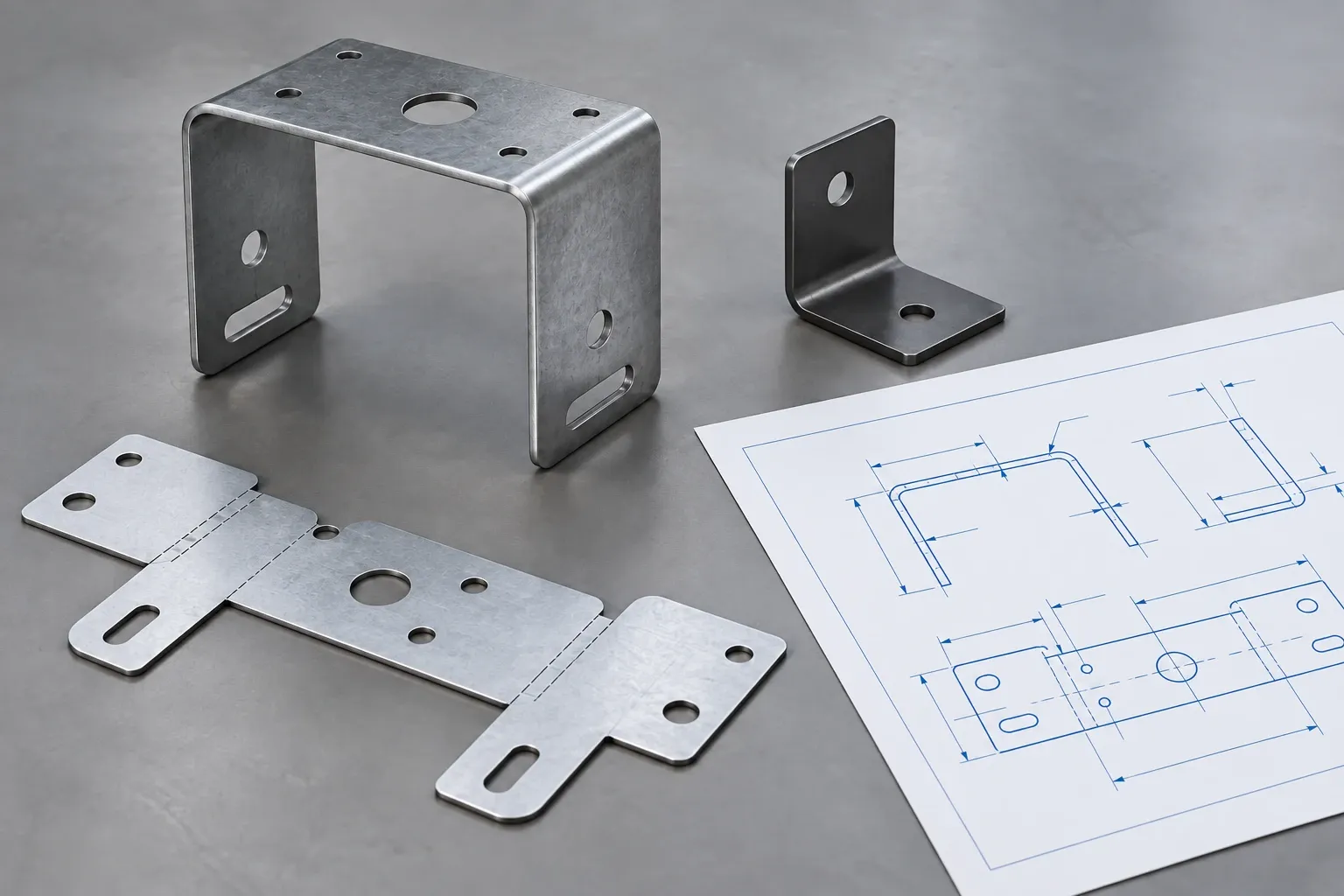 Bent sheet metal brackets beside a drawing showing finished mounting dimensions and hole locations