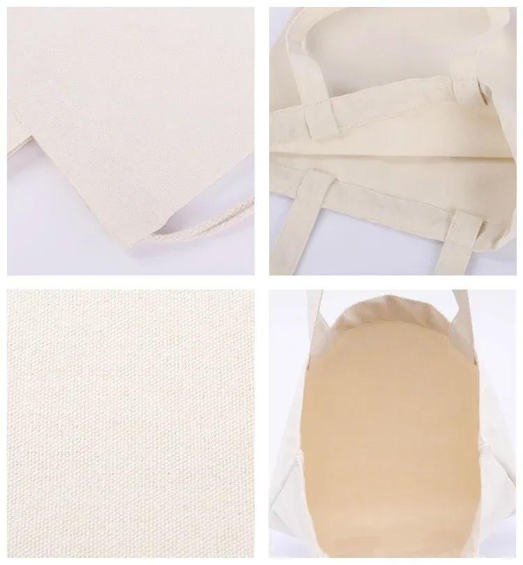 Detail collage of the canvas drawstring tote showing fabric texture, handle stitching, canvas weave and lined interior