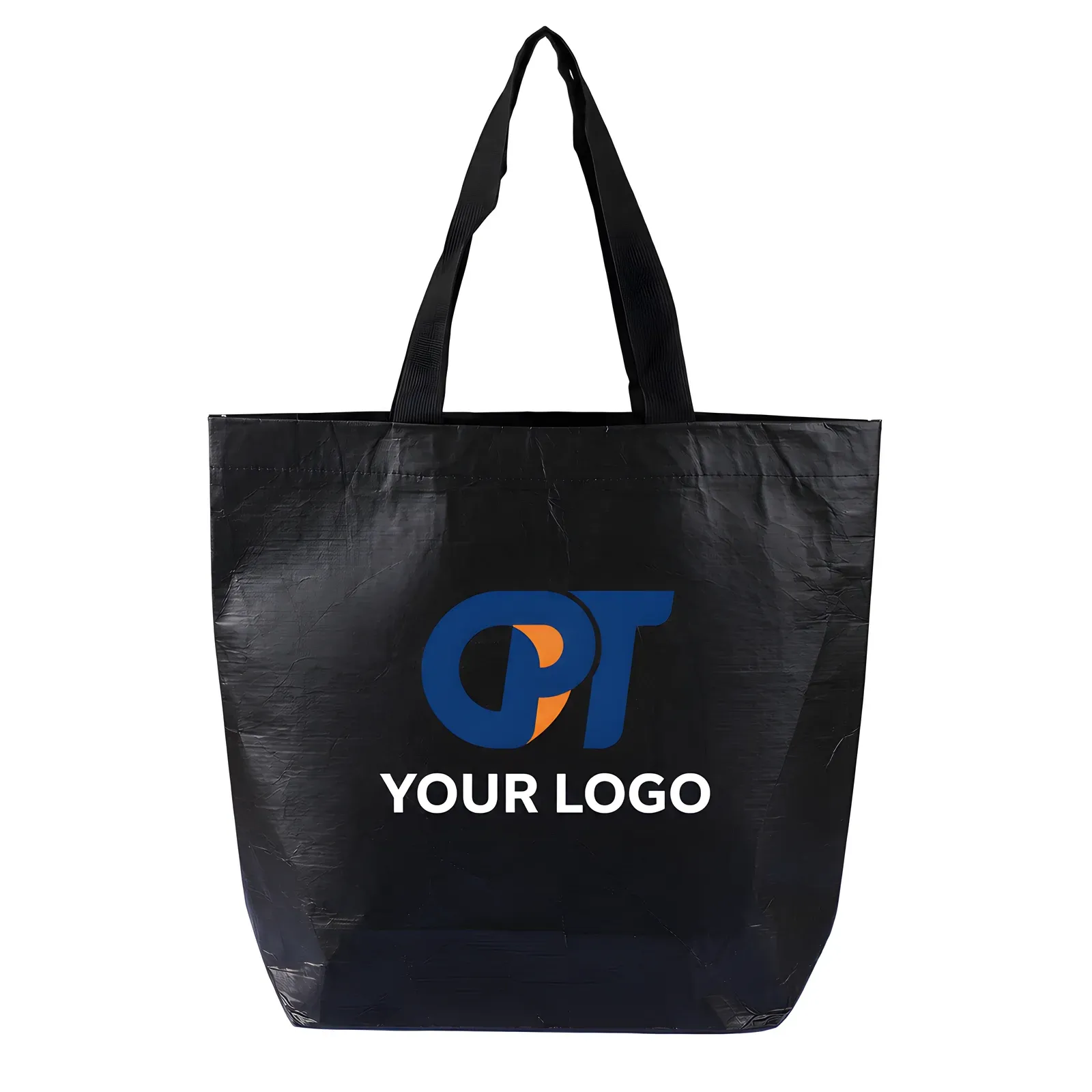 Black laminated RPET tote with white logo print and black webbing handles, front view