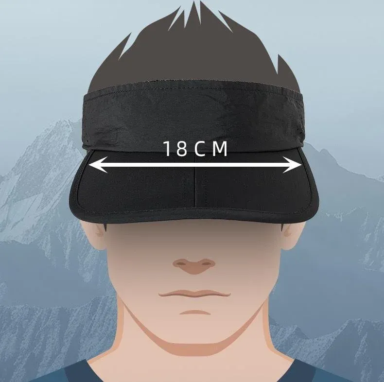 Fit guide illustration of black nylon visor with 18 cm crown width annotation