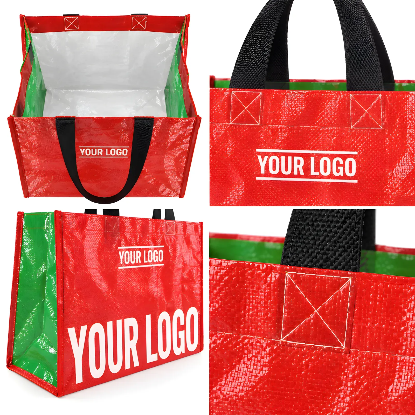 Composite of four detail views of the red PP woven bag showing white laminated interior, cross-stitched handle attachments and green gusset