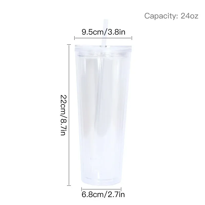Size chart of the 24oz plastic straw tumbler showing 9.5 cm top diameter and 22 cm height