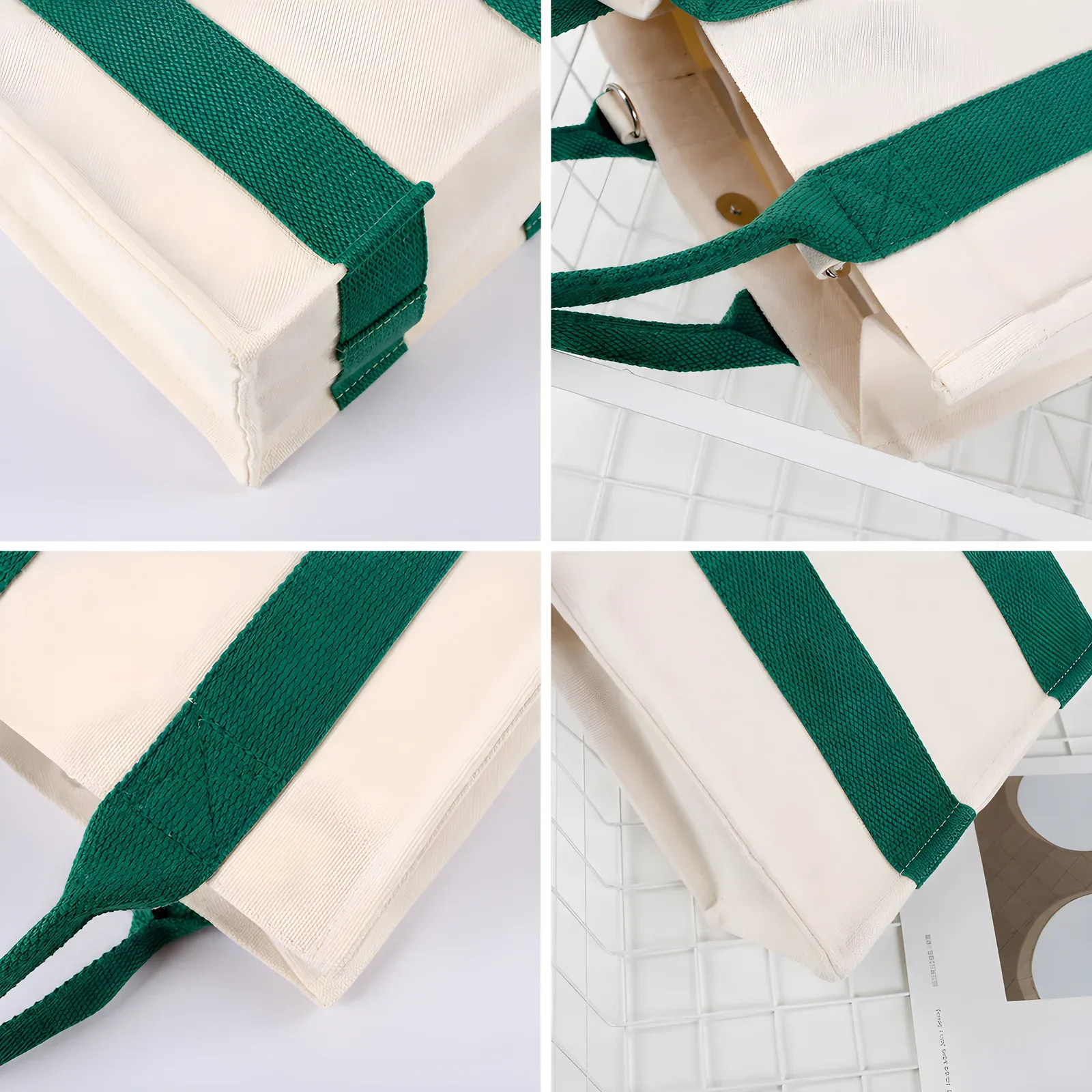 Four close-up details of the green-handled mini canvas tote showing box-corner stitching, interior hardware, handle reinforcement and side gusset