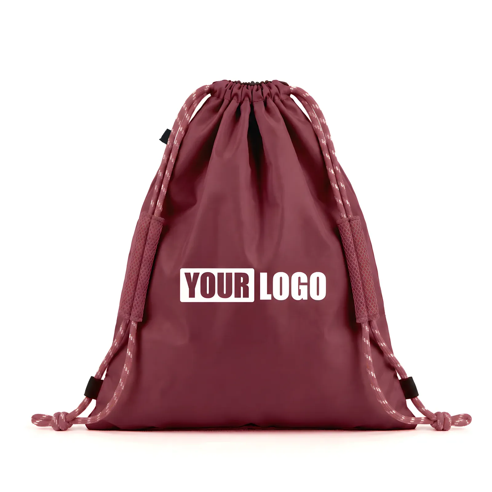 Burgundy nylon drawstring backpack with padded mesh shoulder straps and YOUR LOGO print, front view