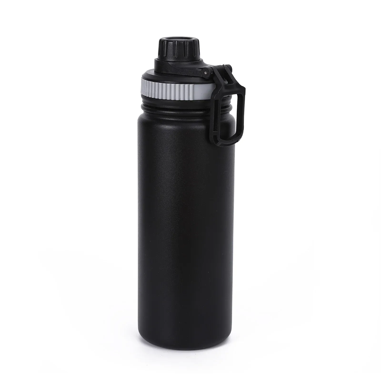 Matte black stainless steel sport water bottle with a black spout cap, grey ribbed collar and black flip handle
