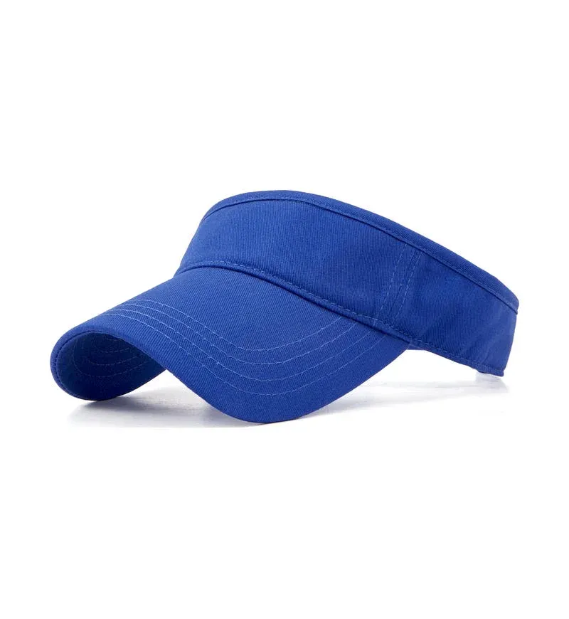 Royal blue cotton sports visor with curved brim, side view