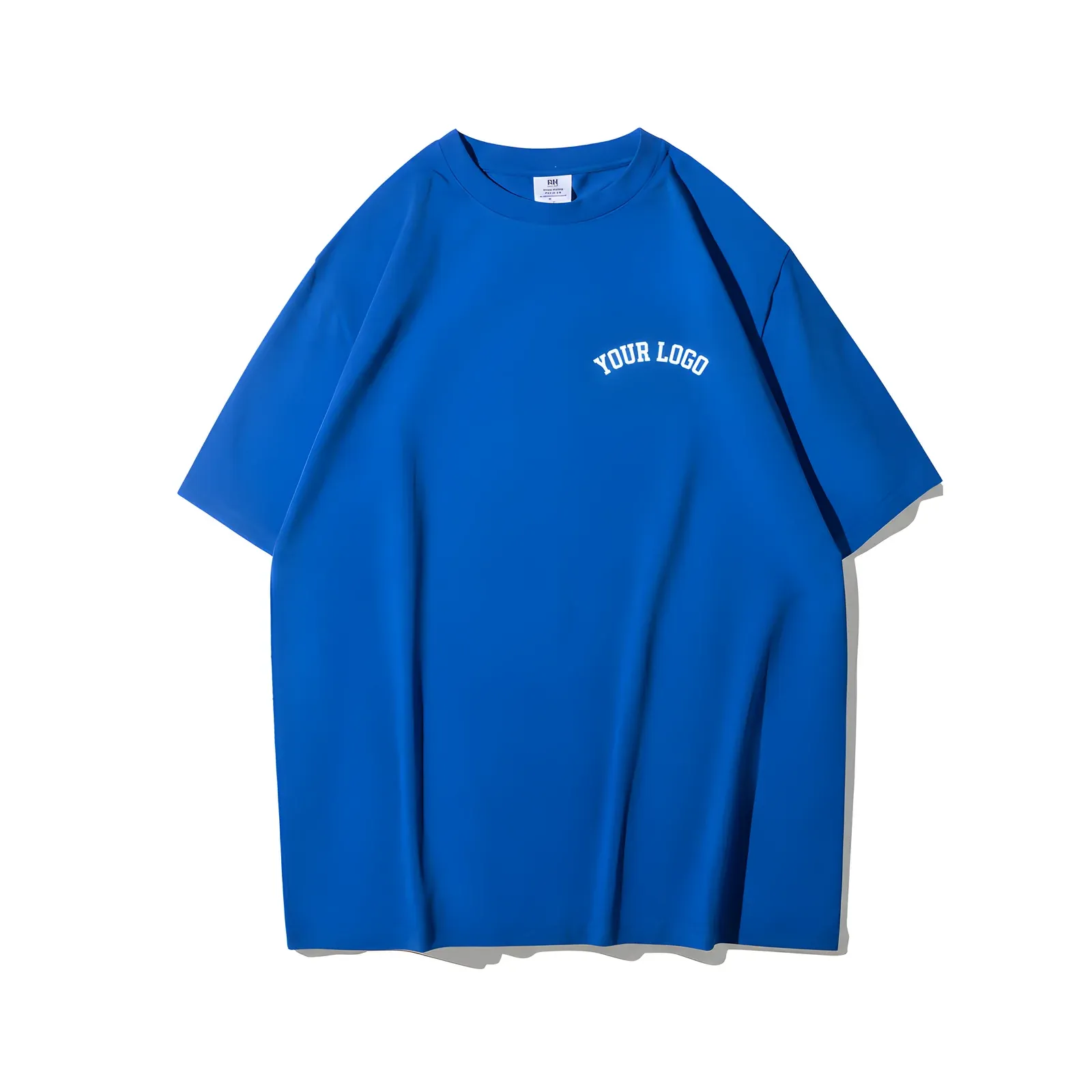 Blue drop shoulder t-shirt with embroidered YOUR LOGO chest text, front view