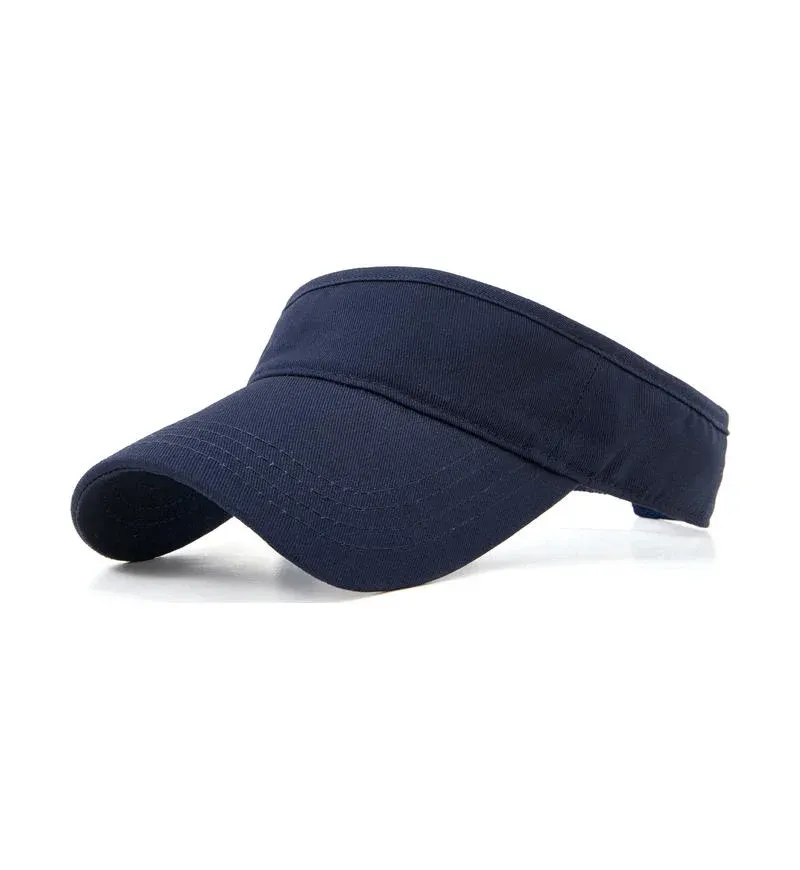 Navy cotton sports visor with curved brim, side view