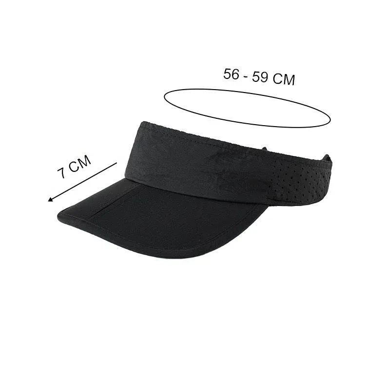 Size diagram of black nylon visor annotated 56-59 cm head circumference and 7 cm brim