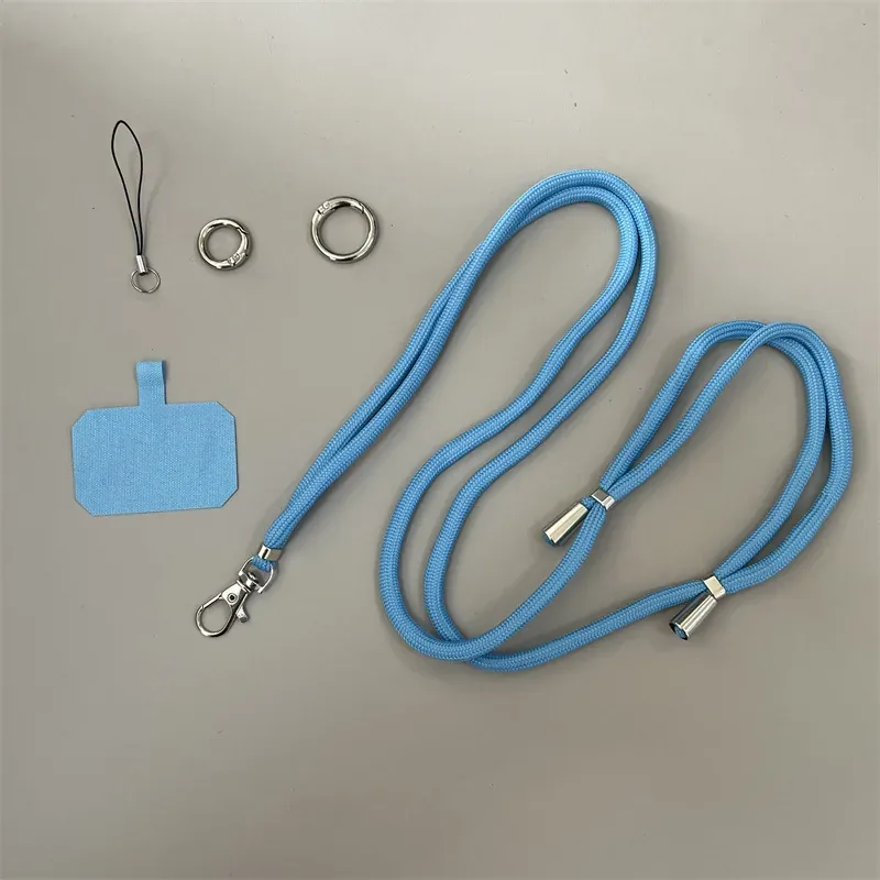 Light blue rope phone lanyard kit with patch and rings