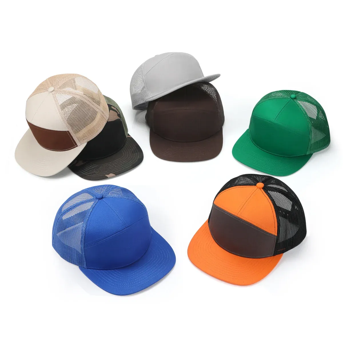 Seven colorways of the structured flat brim mesh-back snapback cap shown in a group