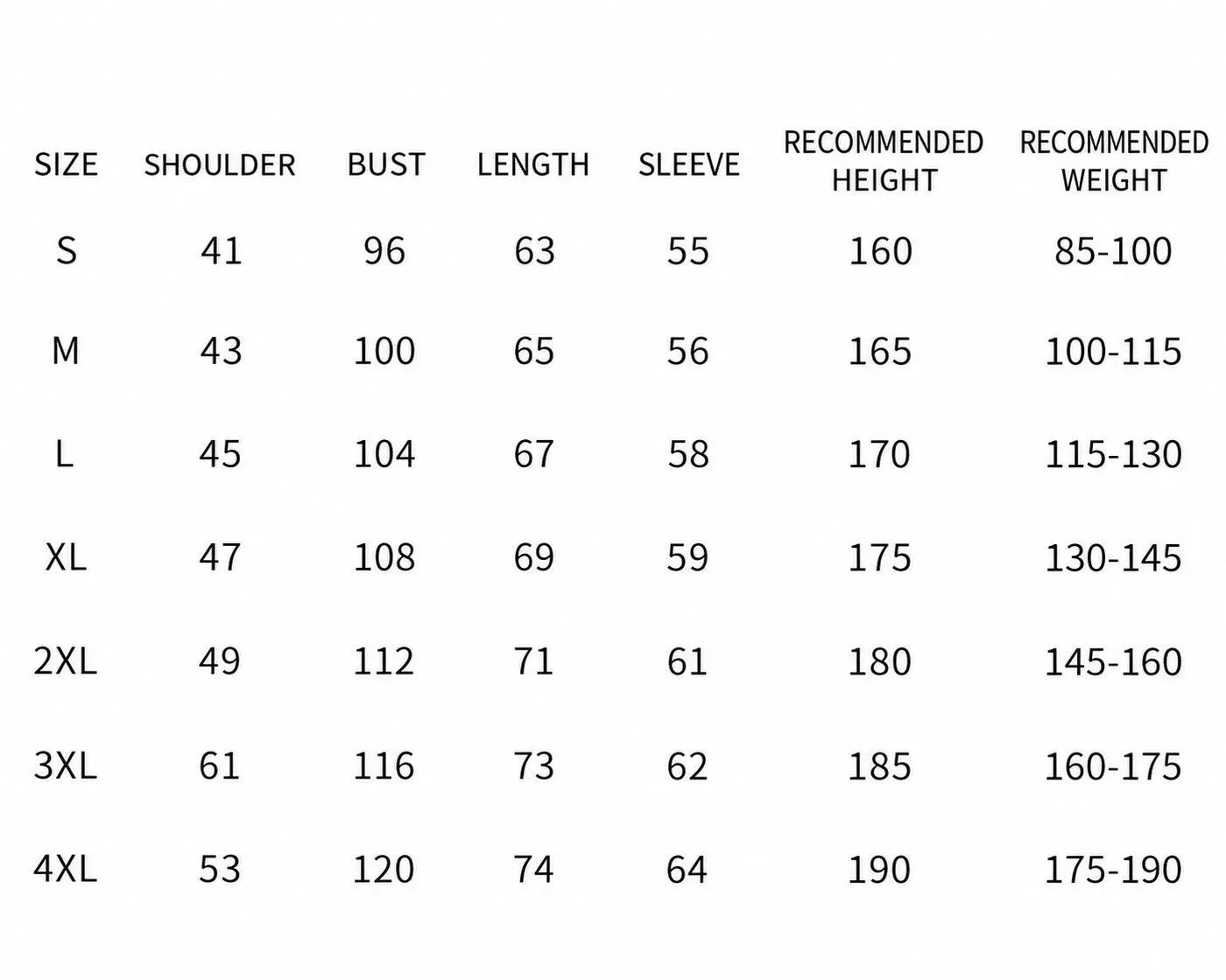 Size chart for custom crew neck sweatshirt