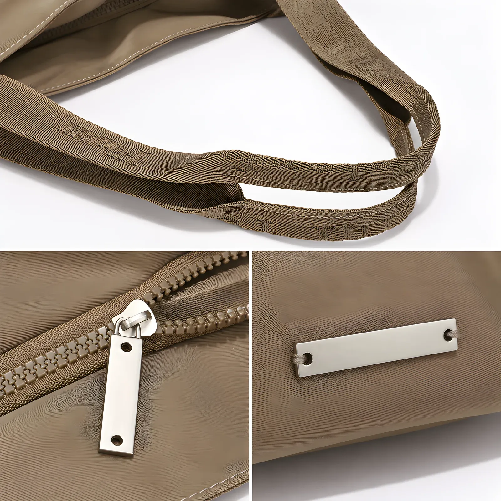Detail composite of the khaki nylon tote showing the woven webbing handle with printed text, metal zipper pull and metal bar tag