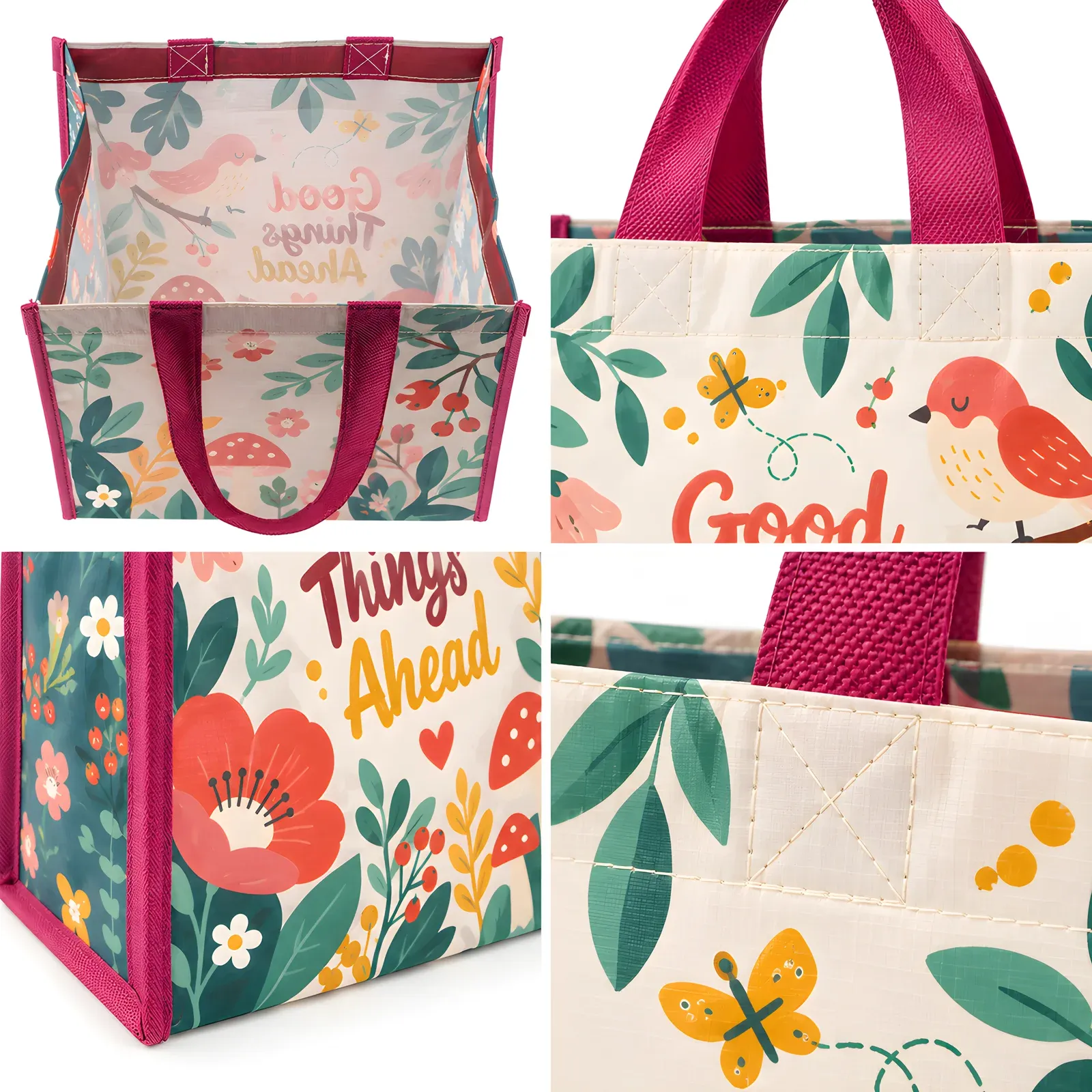 Composite of four detail views of the floral PP woven bag showing interior print, magenta handle stitching and teal floral side gusset