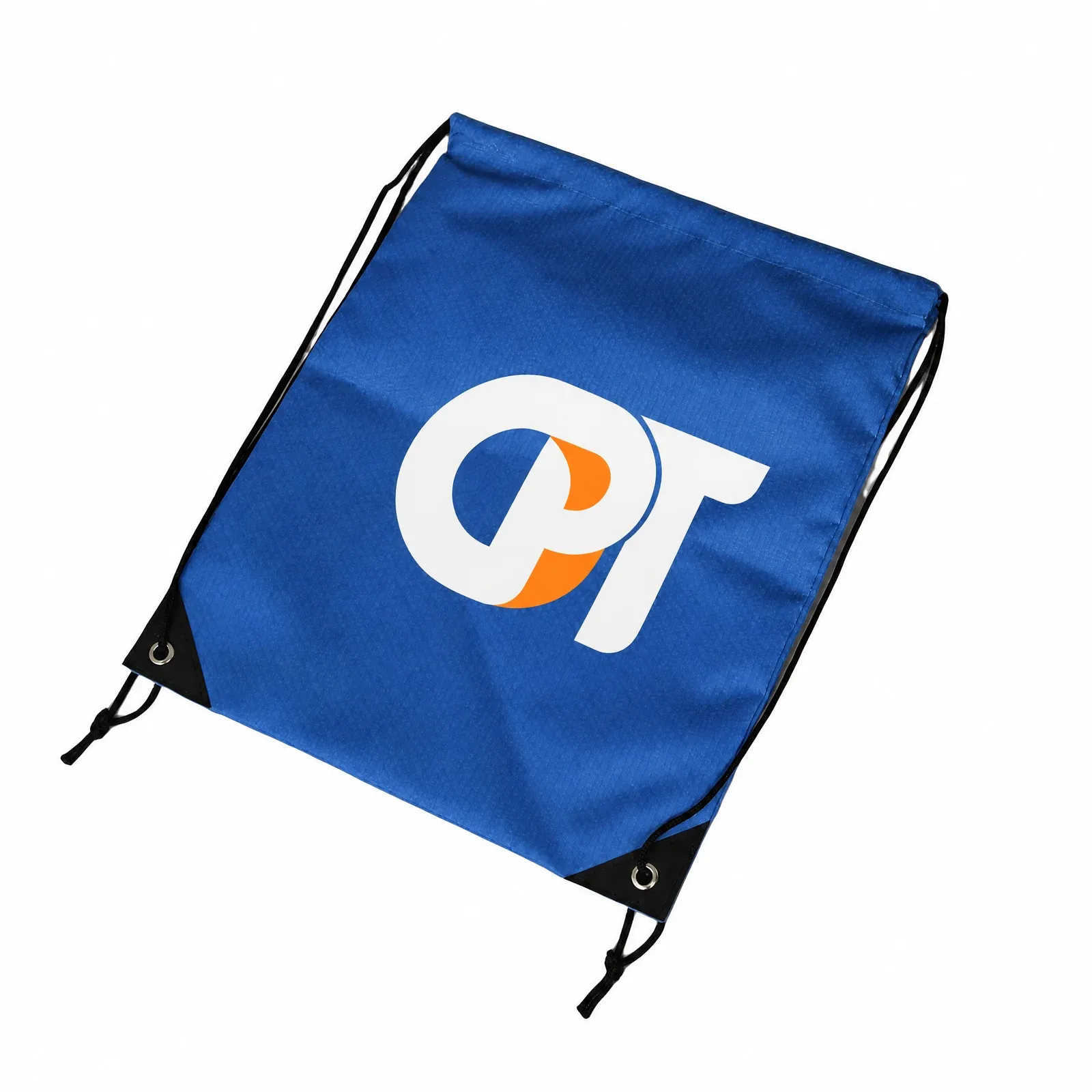 Royal blue 420D drawstring backpack laid at an angle showing metal eyelets and knotted black drawcords, on white background