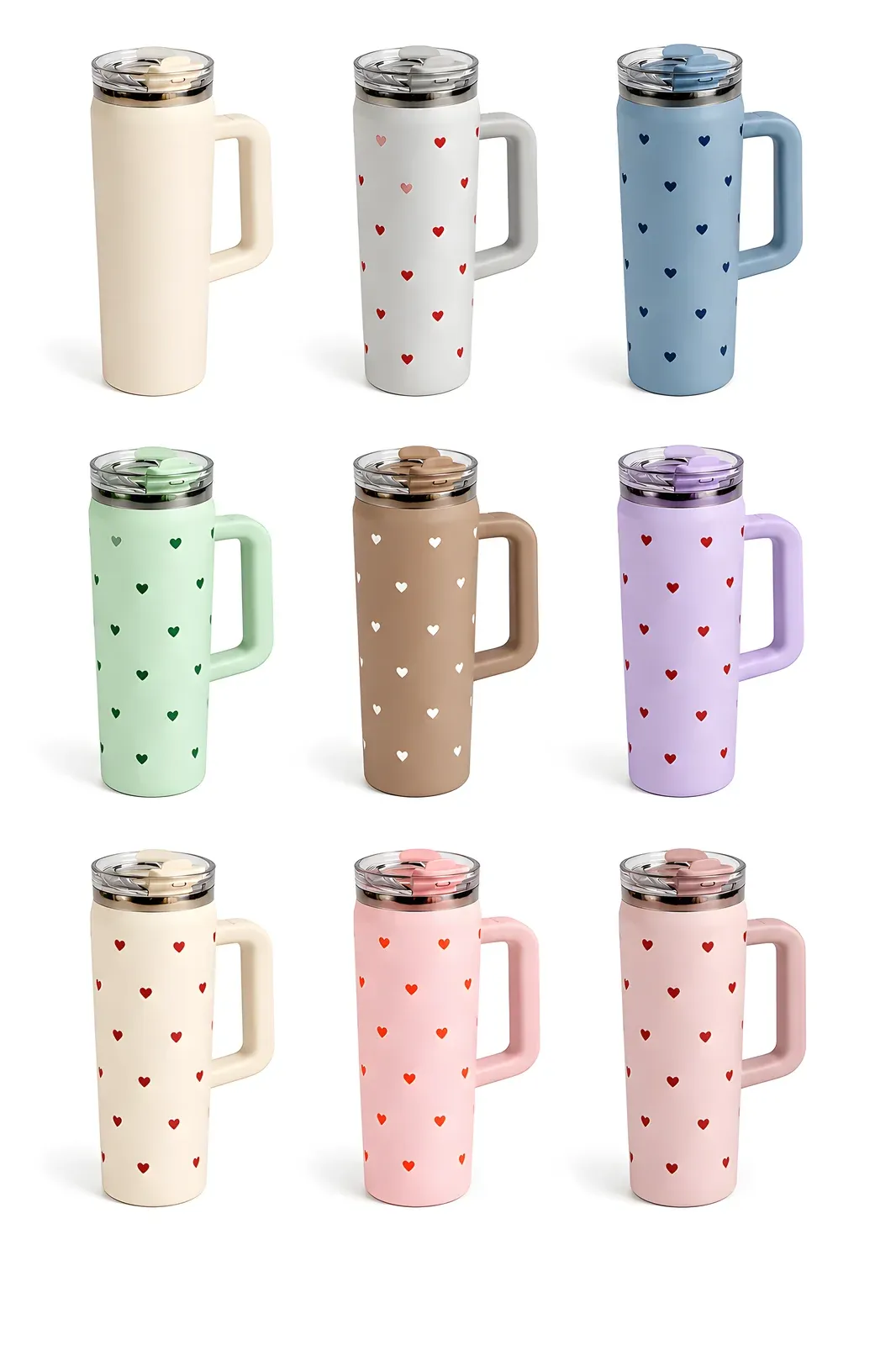 Nine colorways of the heart-print handled tumbler in cream, white, blue, mint green, tan, lilac and pink shades