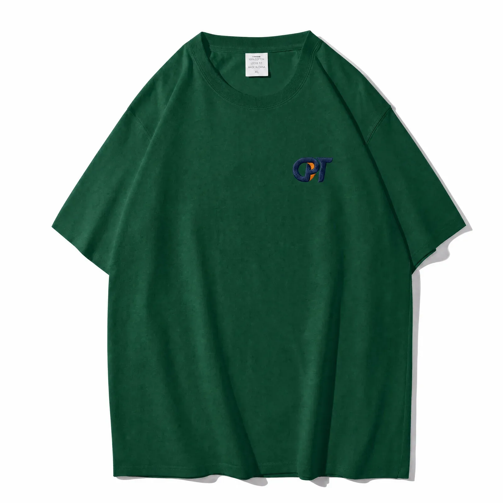 Green drop shoulder t-shirt with embroidered chest logo, front view