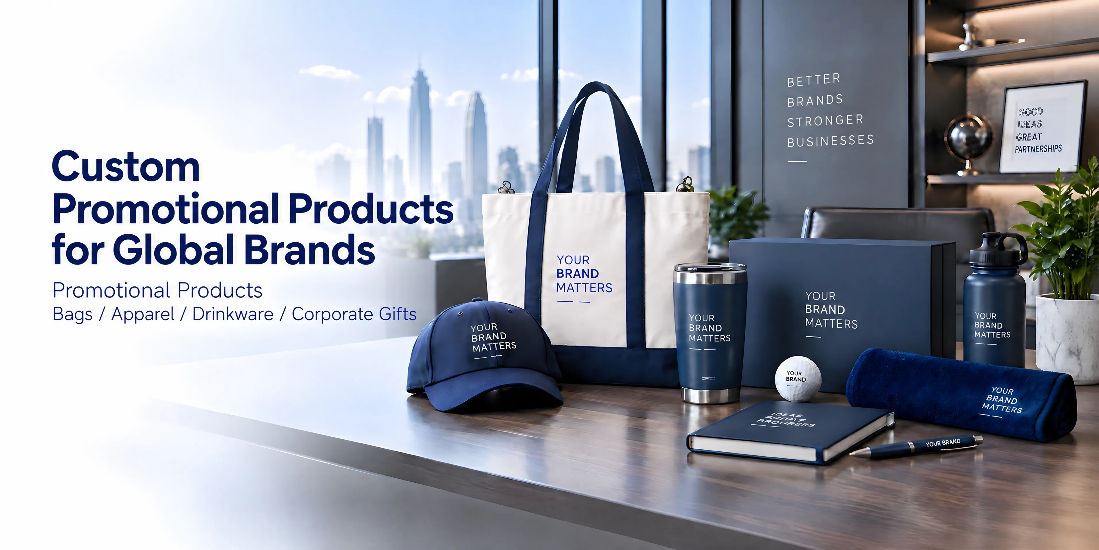 Custom promotional products display with navy caps, tote bags and drinkware