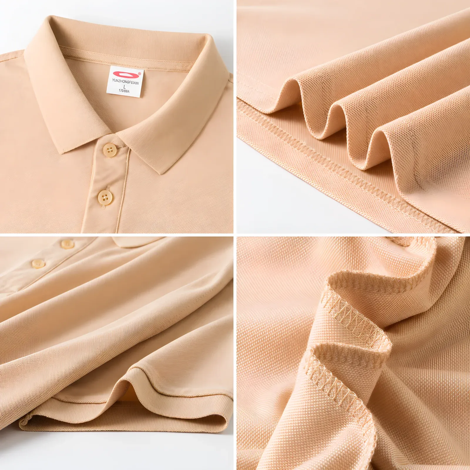 Detail collage of beige classic pique polo shirt showing collar, buttons, hem and pique fabric