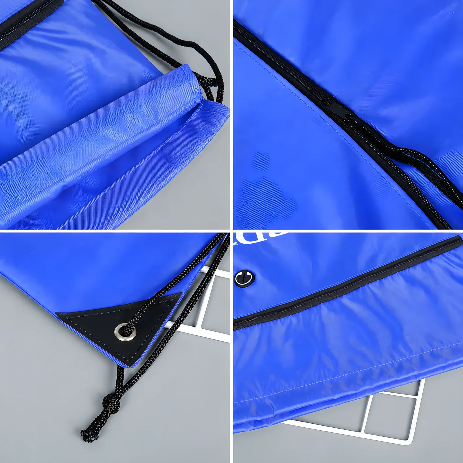 Composite of four detail views of the blue heavy-duty drawstring backpack: cinch top channel, front zip pocket, reinforced corner eyelet and pocket zipper edge