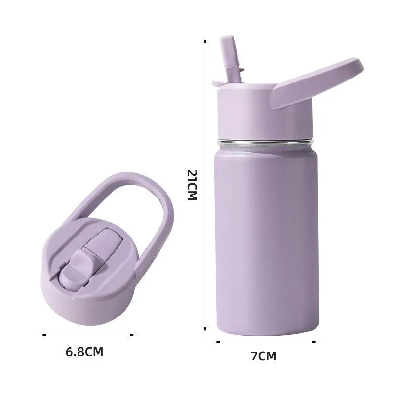 Lavender straw water bottle with flip-handle lid and dimension annotations 21 cm height and 7 cm diameter