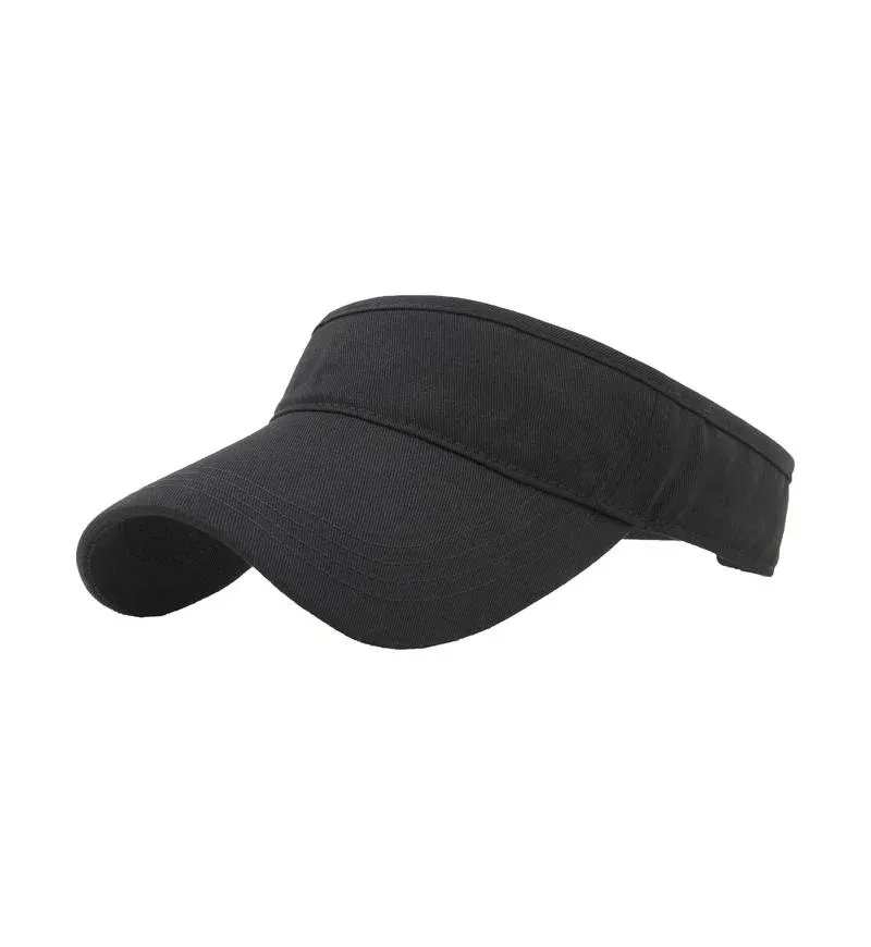 Black cotton sports visor with curved brim, angled side view