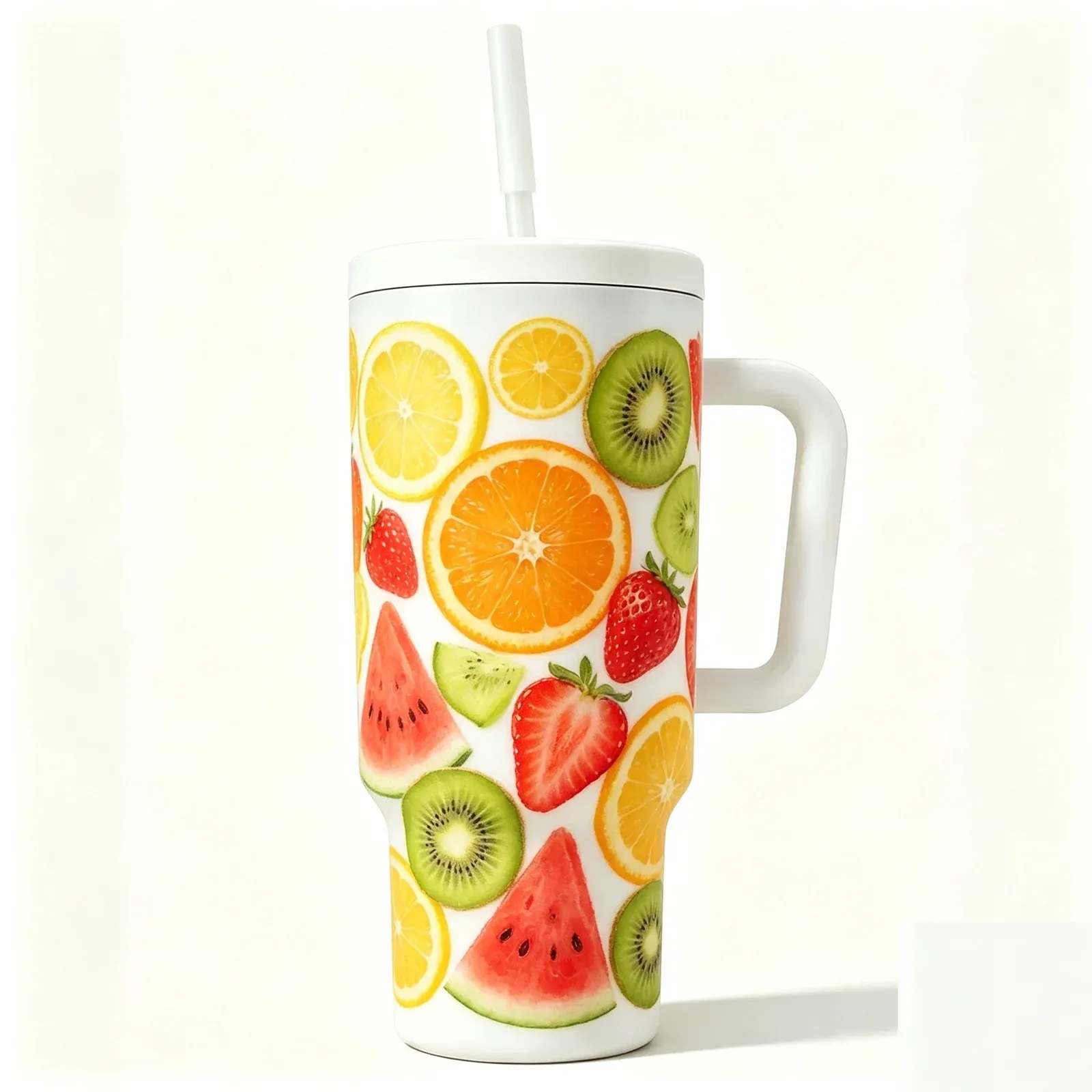 White 40oz handled straw tumbler with citrus fruit print
