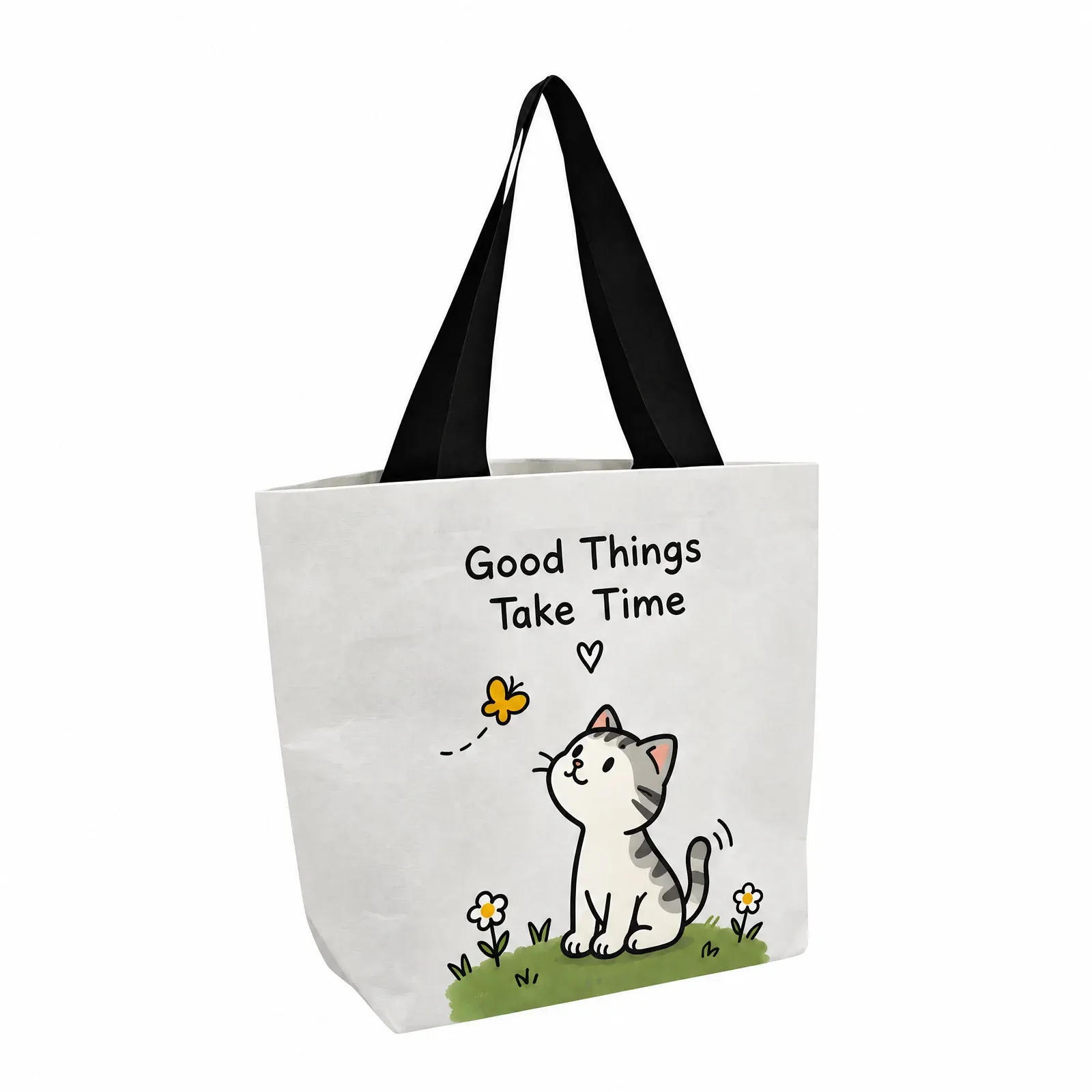 Angled view of the white tabby cat print RPET tote with black webbing handles