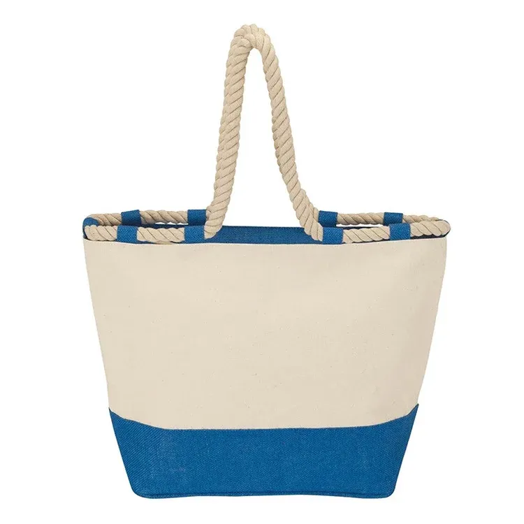 Cream boat tote with twisted rope handles and a blue contrast base, plain front view