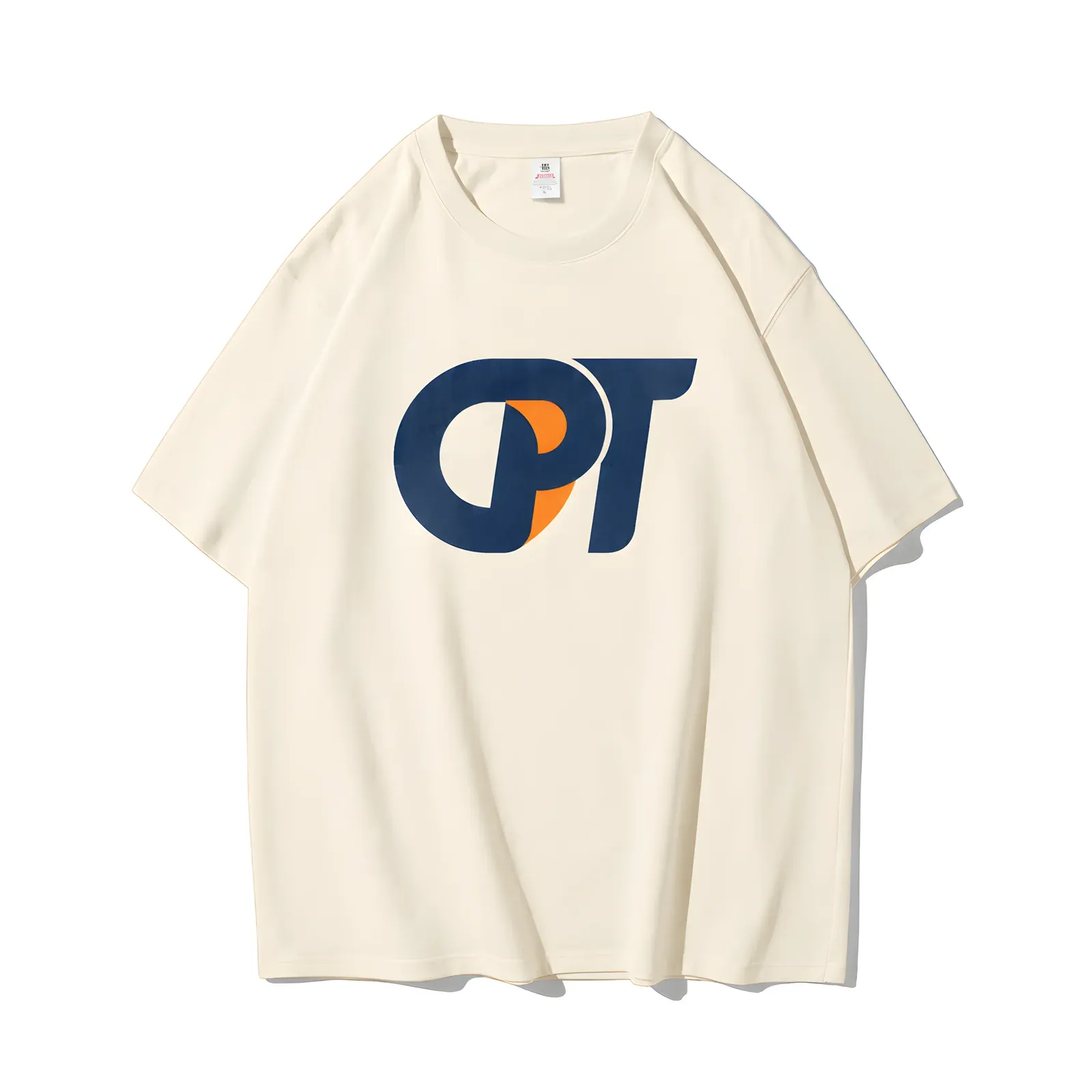 Cream CVC t-shirt with large front logo print, front view