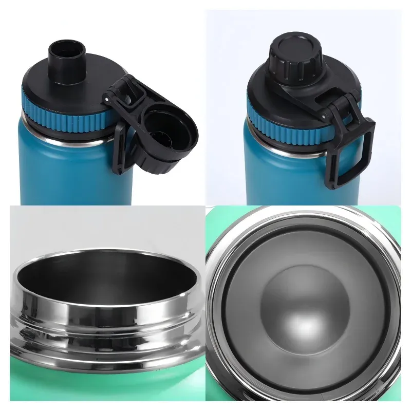 Four close-up views of the sport bottle: spout open with cap removed, lid closed, open stainless steel mouth, and interior top view