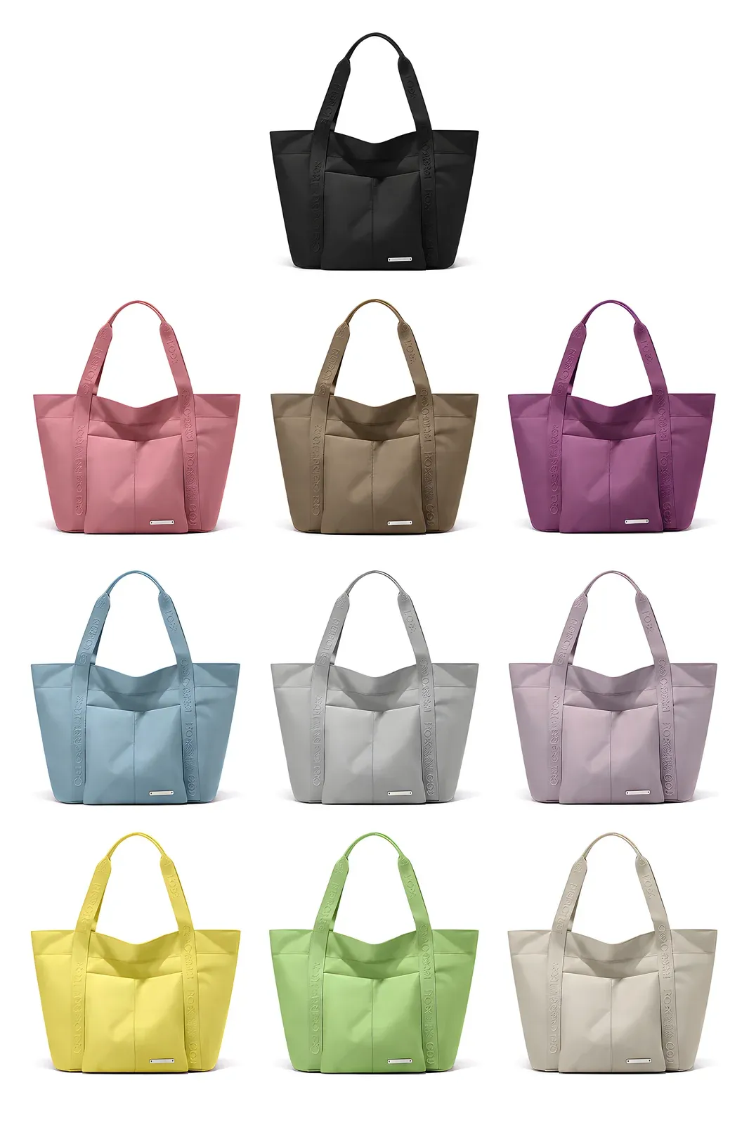 Color chart grid of ten nylon tote bags with front pockets in black, pink, khaki, purple, blue, grey, lavender, yellow, green and beige