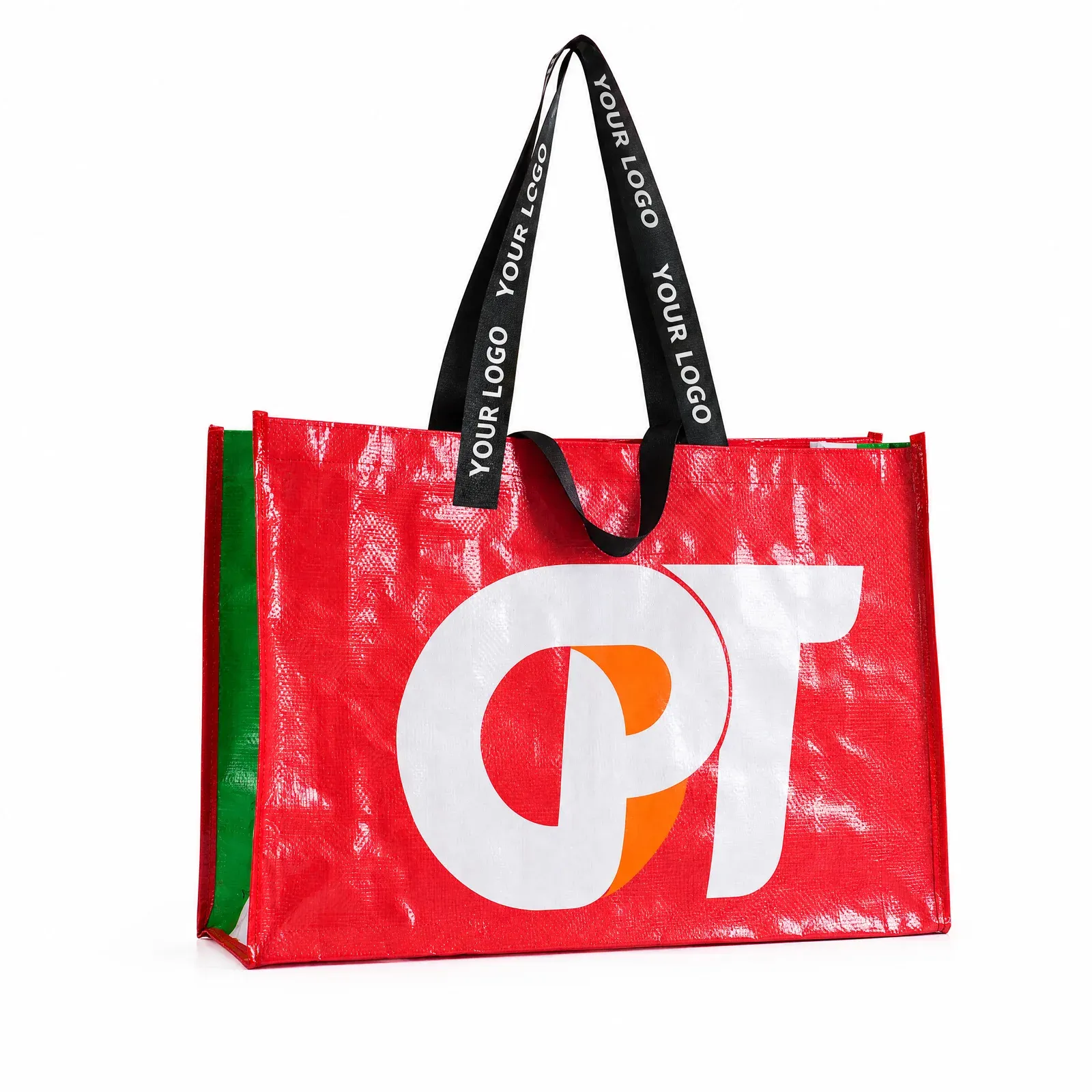 Red PP woven bag at angled view with large white and orange demo logo print and black Your Logo webbing handles