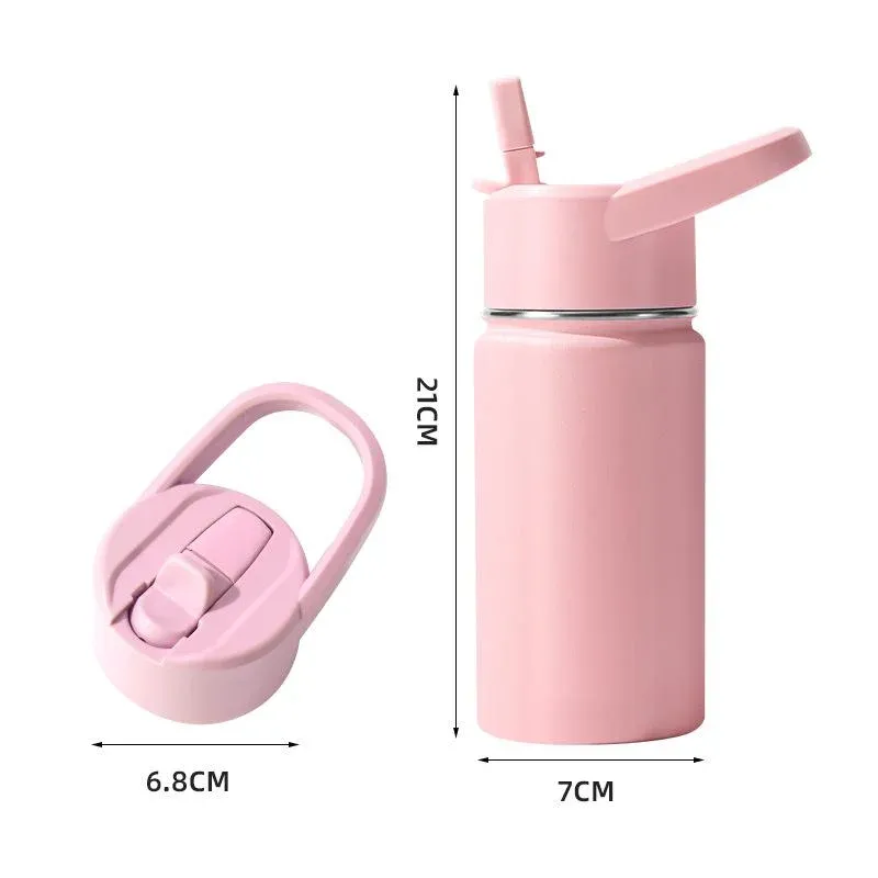 Pink straw water bottle with flip-handle lid and dimension annotations 21 cm height and 7 cm diameter