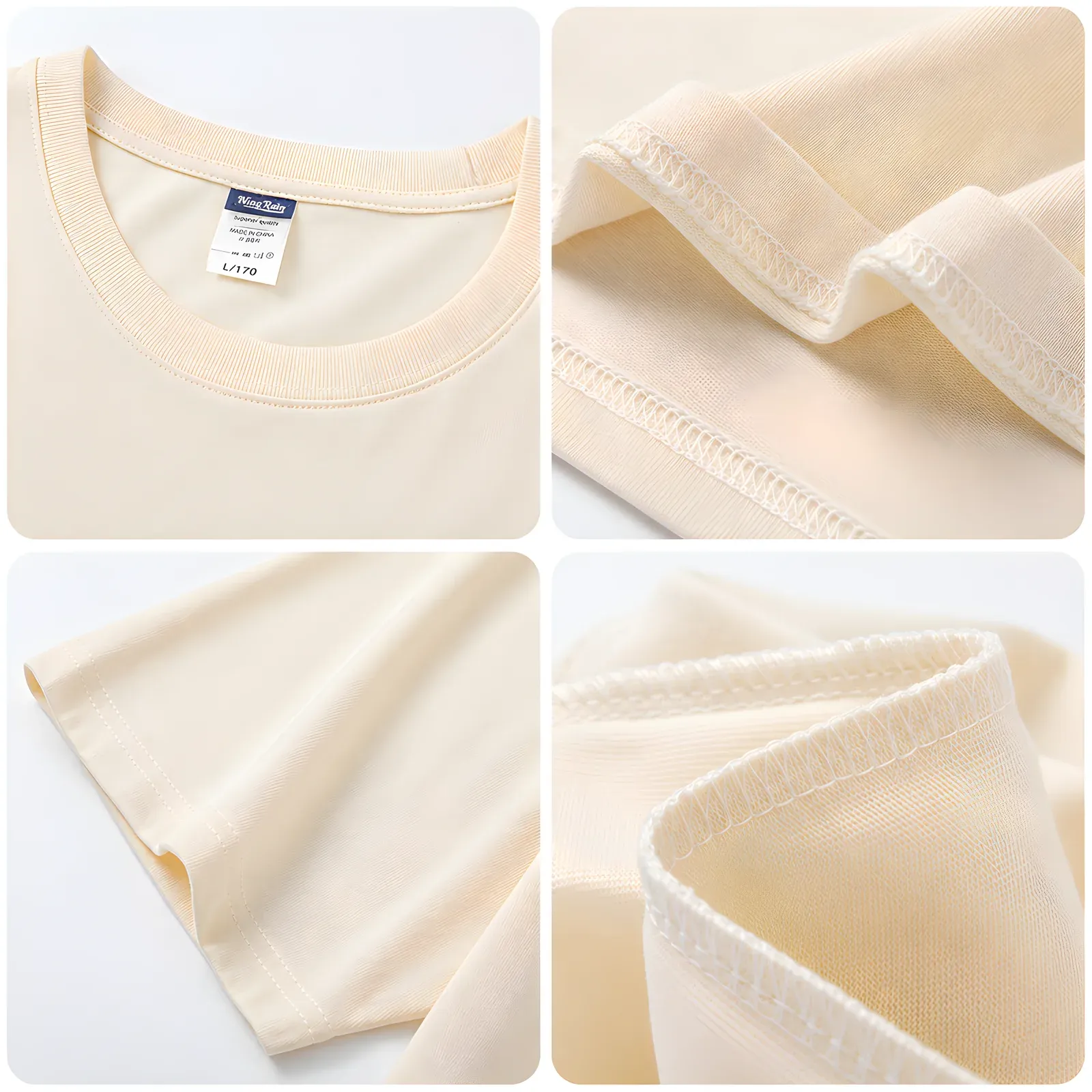 Close-up details of the cream CVC t-shirt: collar, hem and stitching