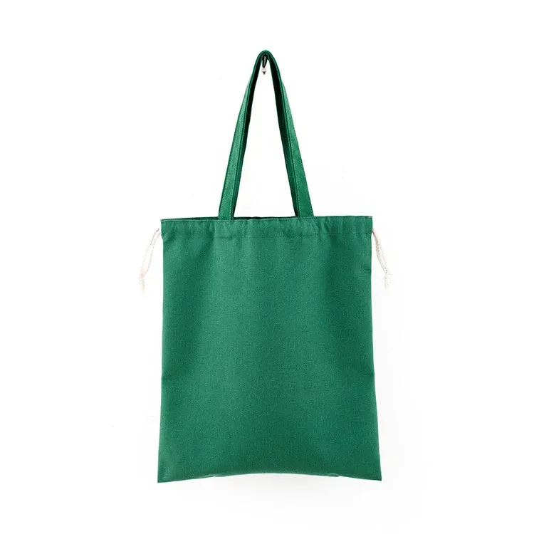 Green 12oz canvas drawstring tote with side carry handles and white cotton drawstring closure, front view