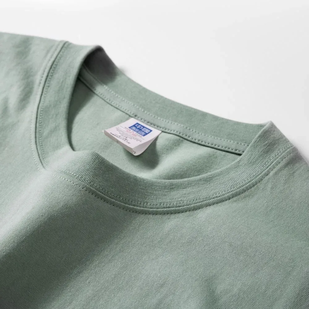 Sage green crew neck t-shirt detail view