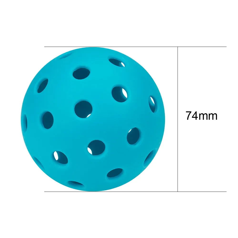 Blue TPE pickleball with 74mm dimension diagram