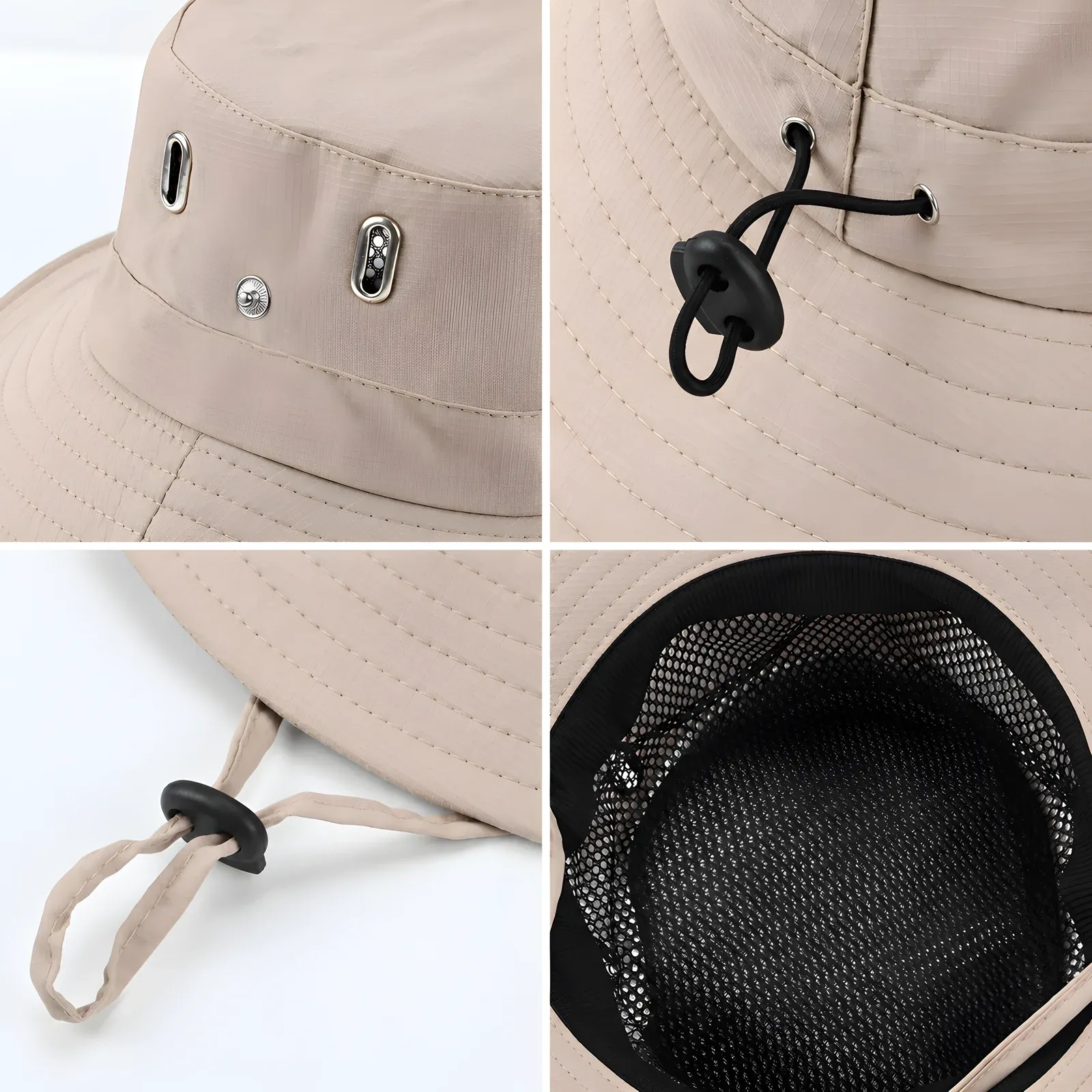 Detail views of the khaki wide-brim bucket hat: metal eyelets on the crown, black chin cord with cinch toggle, and mesh-lined interior