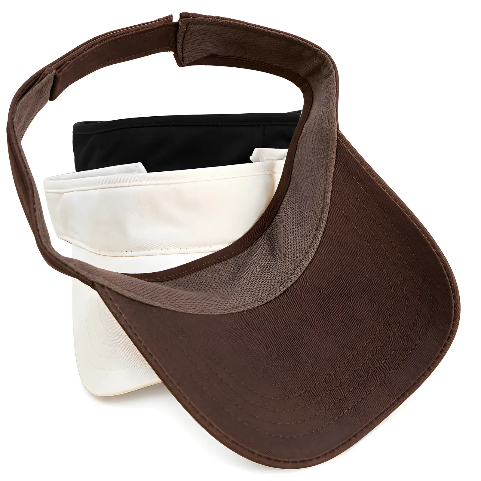Group shot of cotton visors stacked in brown, black and white