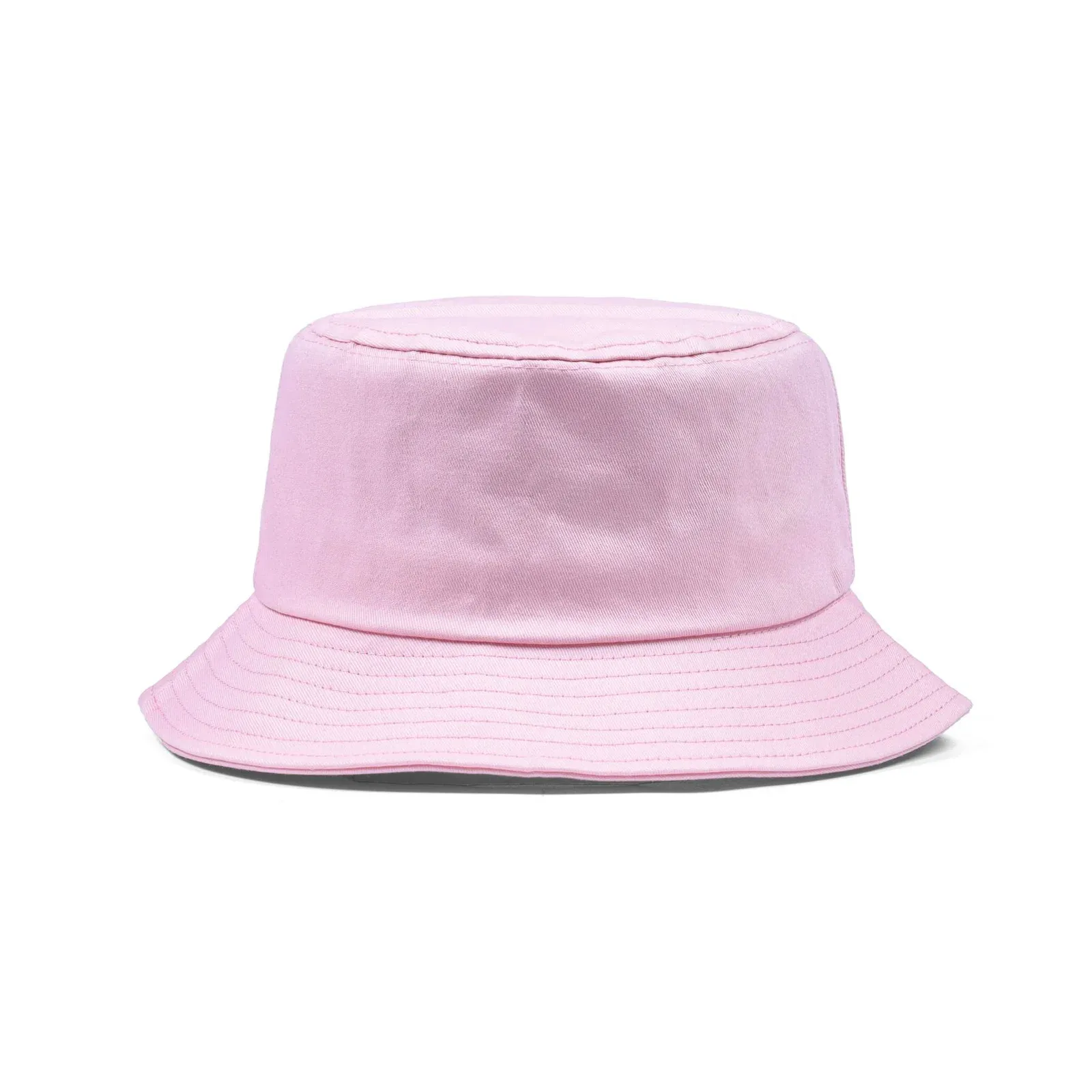 Pink cotton bucket hat with unstructured crown and all-around brim, front view on white background