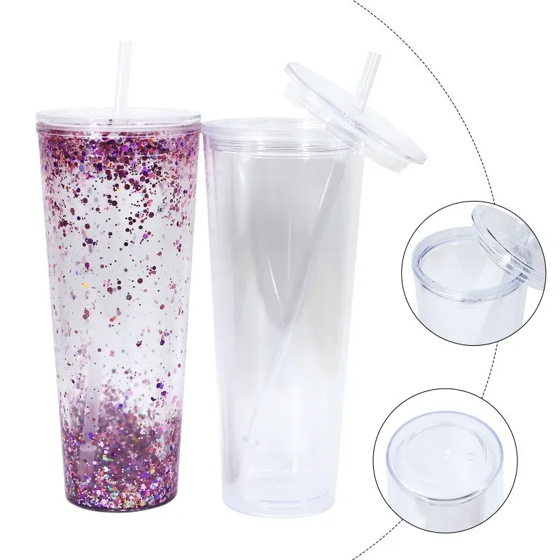 Glitter and clear 24oz plastic straw tumblers with close-up insets of lid and straw